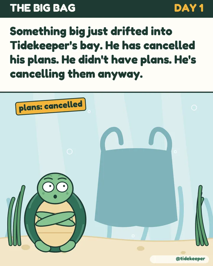 Day 1: something big drifts into his bay. He cancels his plans.