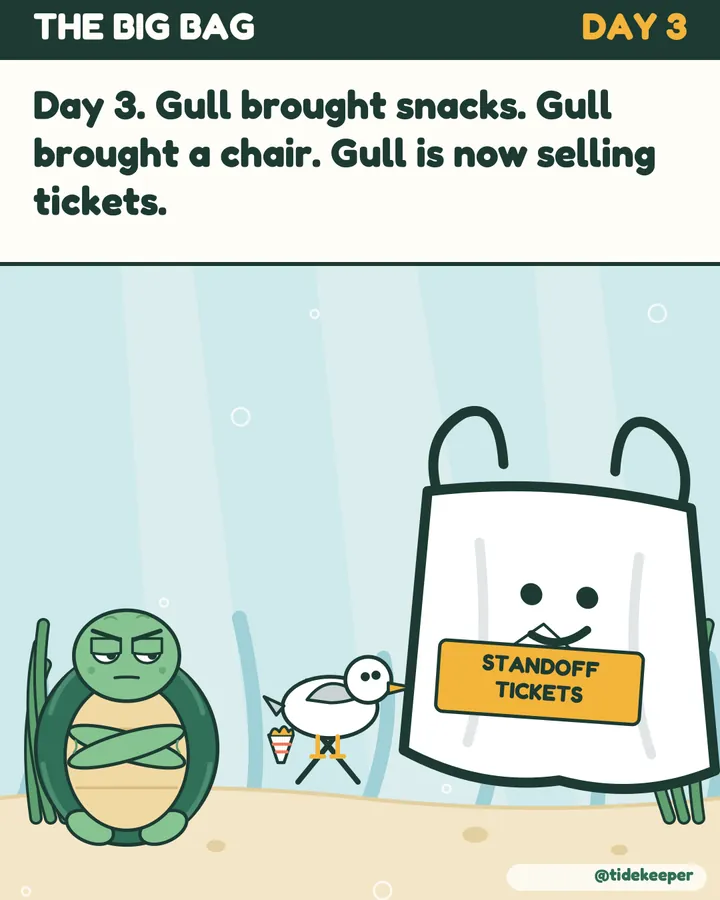 Day 3: Gull brought snacks and a chair, and is now selling tickets.