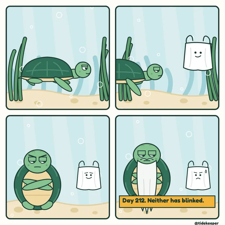 Comic: a bag drifts into his path, the stare begins, day 212 neither has blinked.