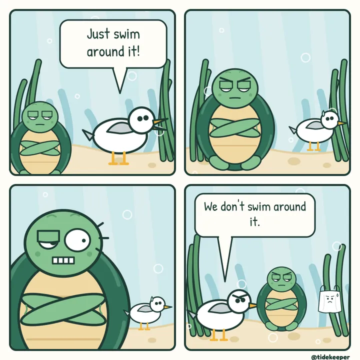 Comic: Gull says just swim around it, gets stared at, joins the stare.