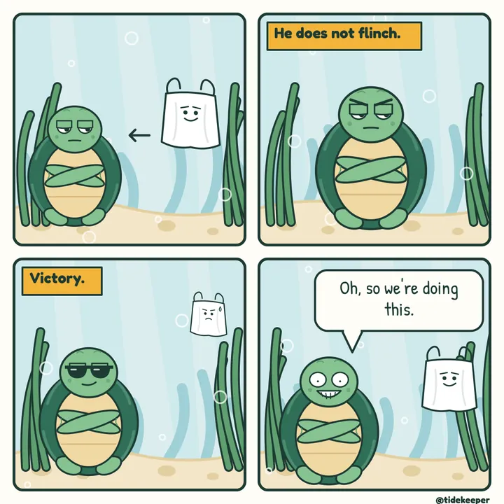 Comic: the bag drifts away, then drifts back. Oh, so we're doing this.