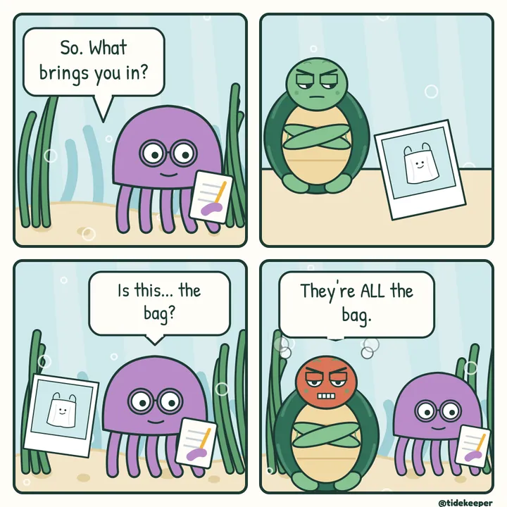 Comic: an octopus therapist asks what brings him in. They're all the bag.