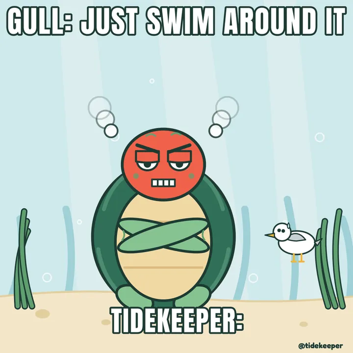 Meme: Gull says just swim around it. Tidekeeper glares.