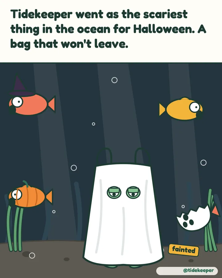 His Halloween costume: a bag that won't leave.